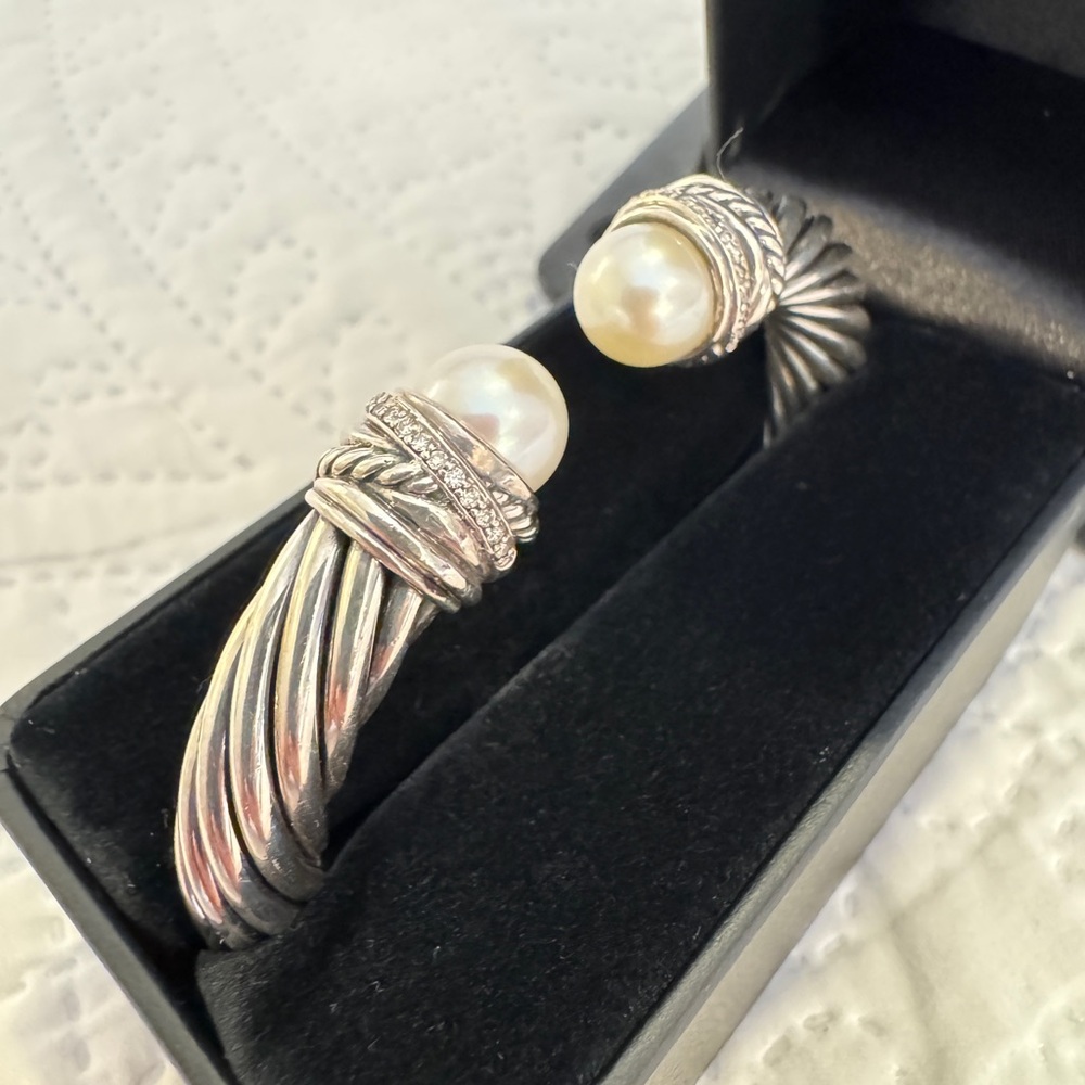 David Yurman Cable cuff hinged bracelet 10mm, pearl & diamond endcaps - RARE